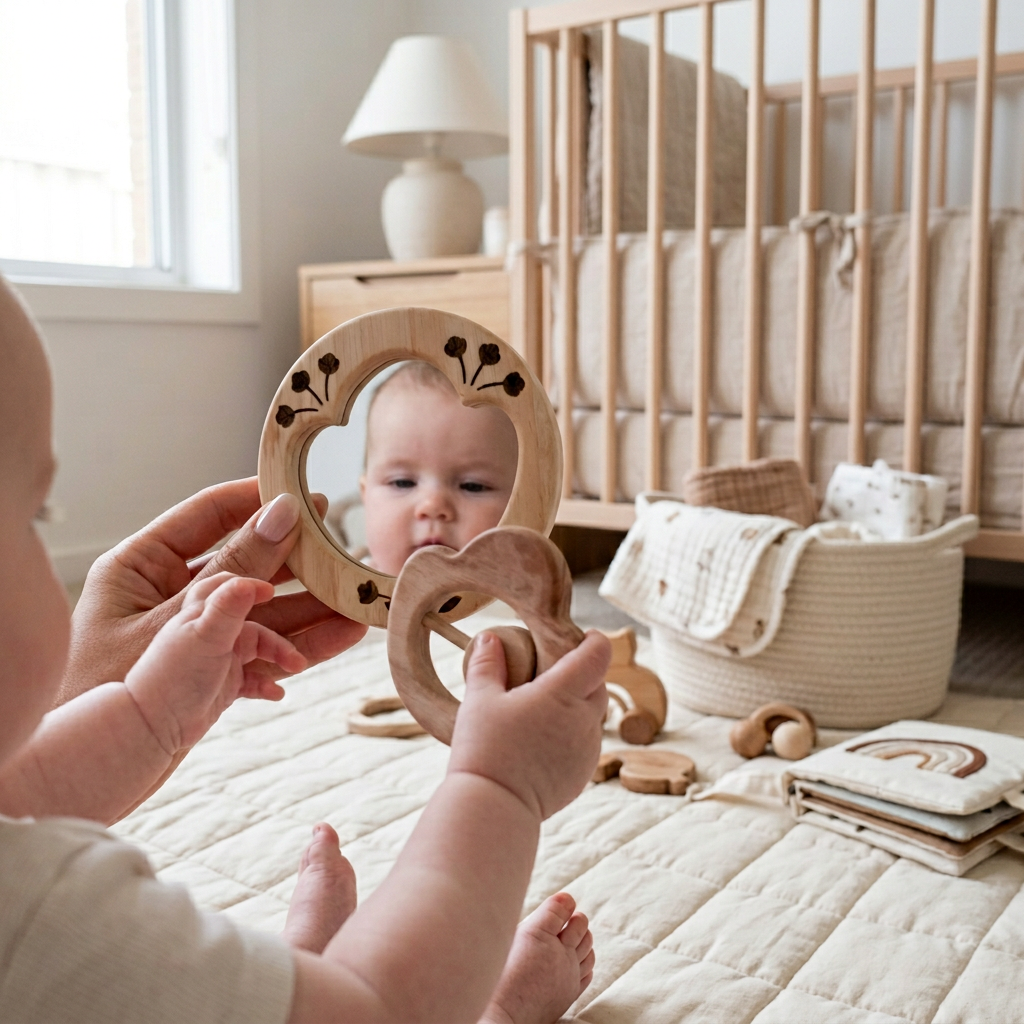 QToys Australia (USA) Flower rattle and baby mirror set - In-Use