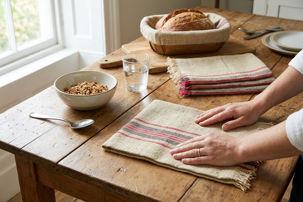 XD15008 Natural Linen Stripe Tea Towels, 14"x22", Set of 4 - In-Use