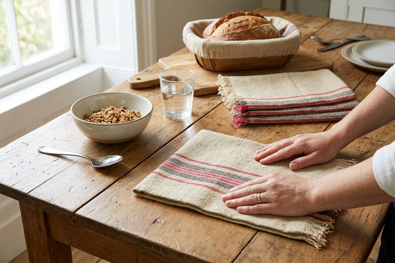 XD15008 Natural Linen Stripe Tea Towels, 14"x22", Set of 4 - In-Use