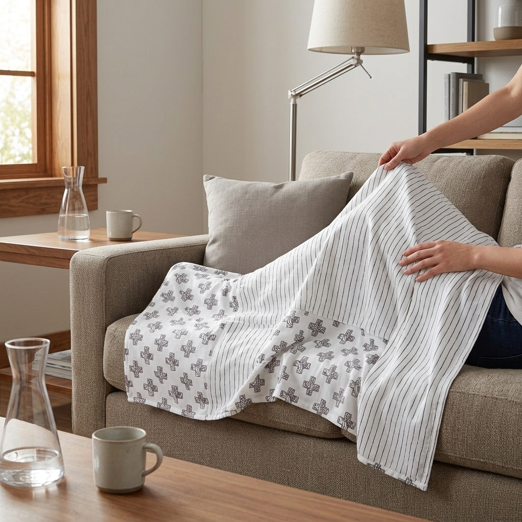 Nordic Stamp and Pencil Stripe Bamboo Muslin Newcastle Throw Blanket - In-Use