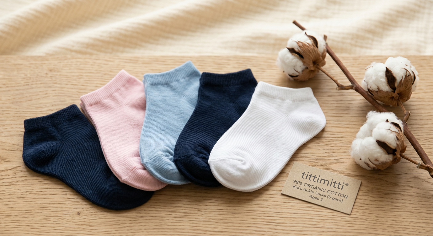 tittimitti® 98% ORGANIC COTTON Kid's Ankle Socks (5-pack). Ages 5 - Material Story