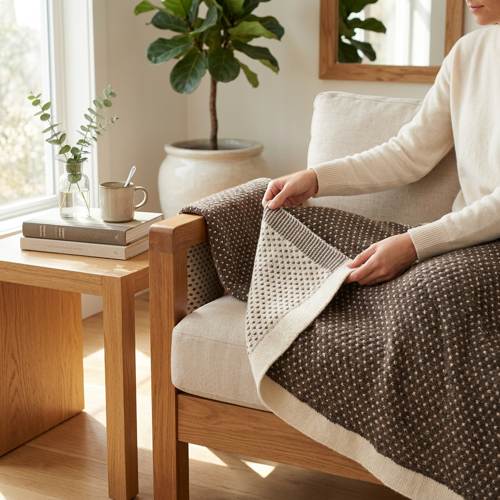 Cocoa Dot Reversible Alpaca Throw - In-Use