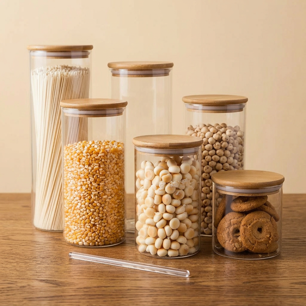 Glass Food Storage Containers, Food Jars with Bamboo Wooden Lids - Set - Material Story