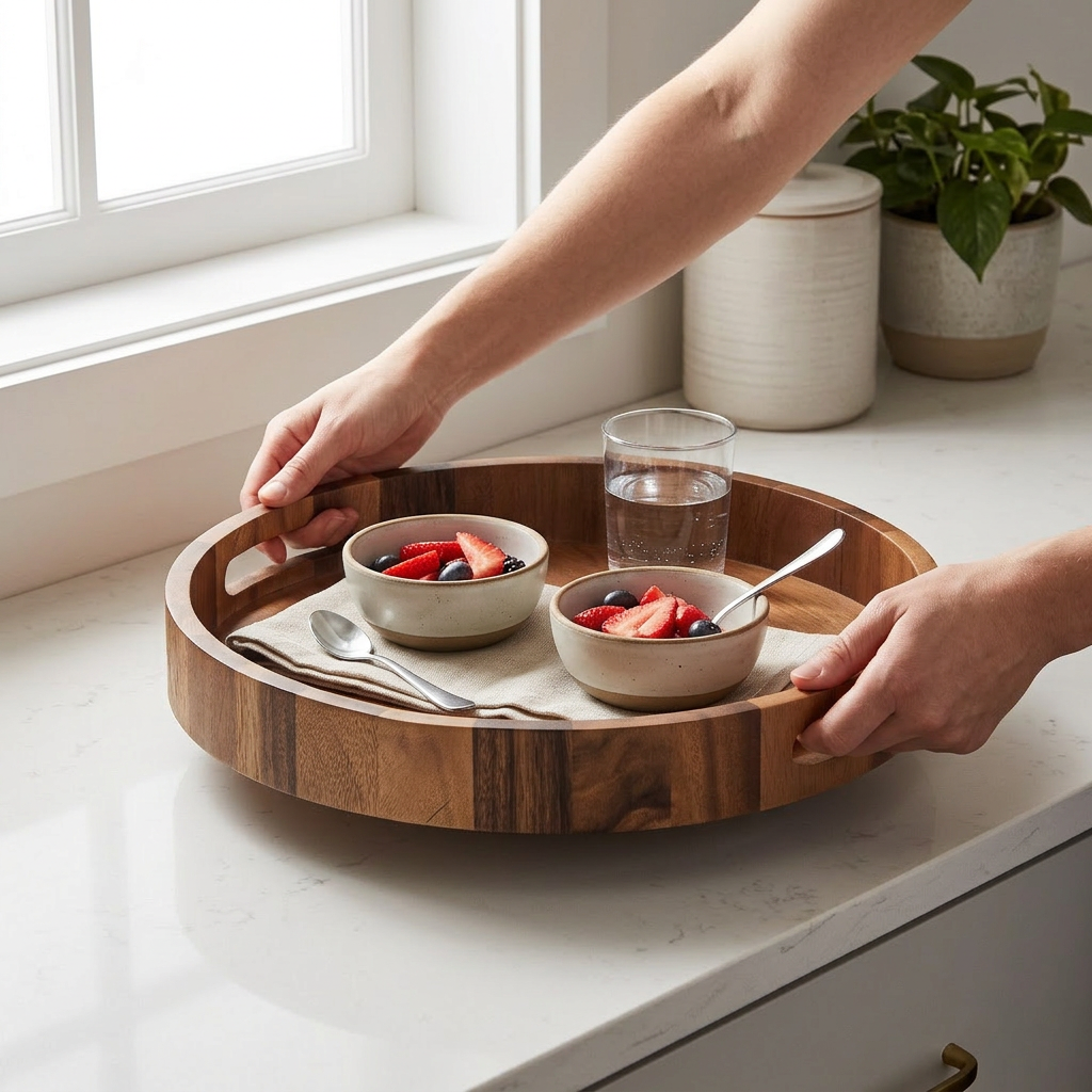 Acacia Wood Round Serving Tray -15" - In-Use