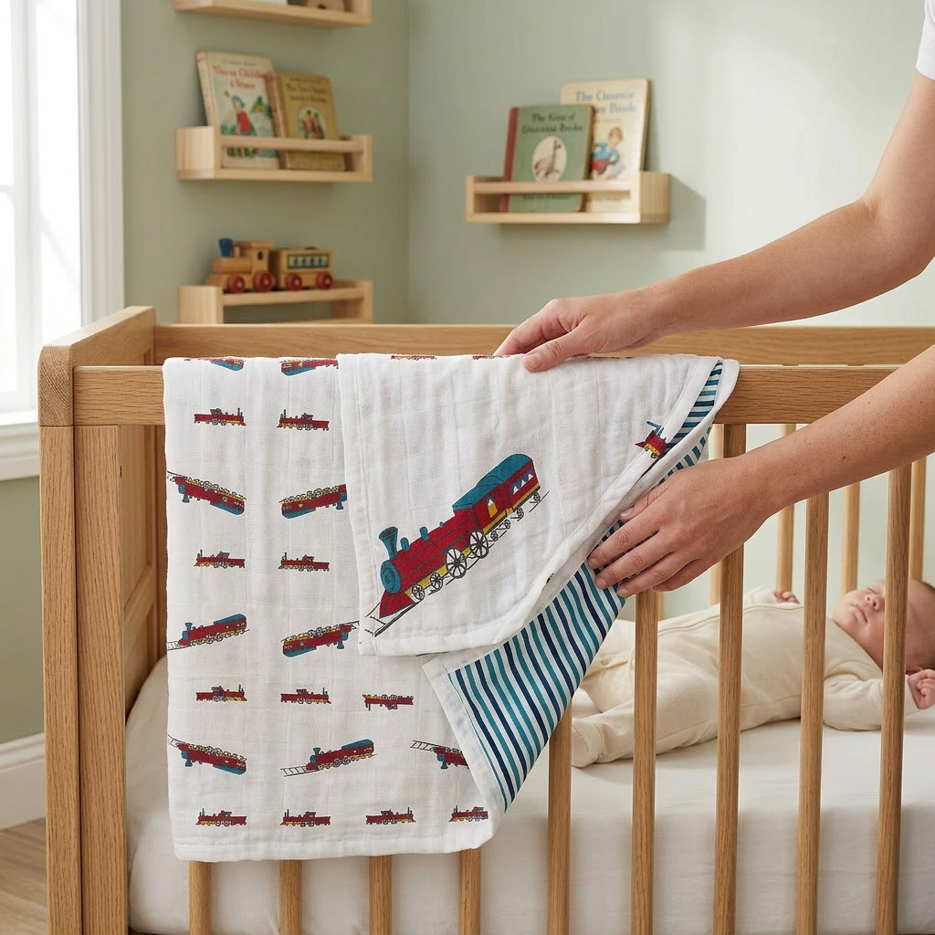Vintage Steam Trains and Blue Stripe Bamboo Muslin Newcastle Blanket - In-Use