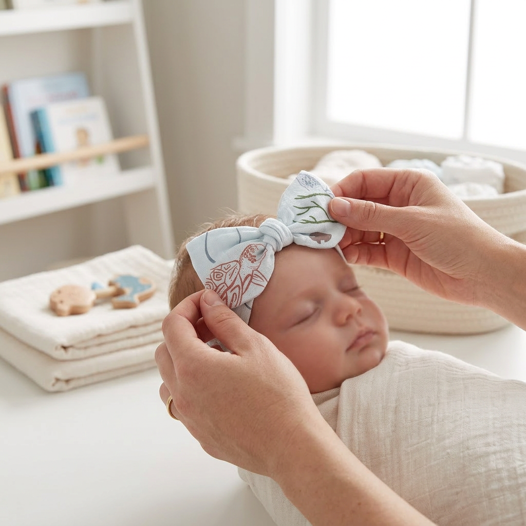 Turtles Bamboo Baby Headband - In-Use