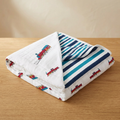 Vintage Steam Trains and Blue Stripe Bamboo Muslin Newcastle Blanket - Hero