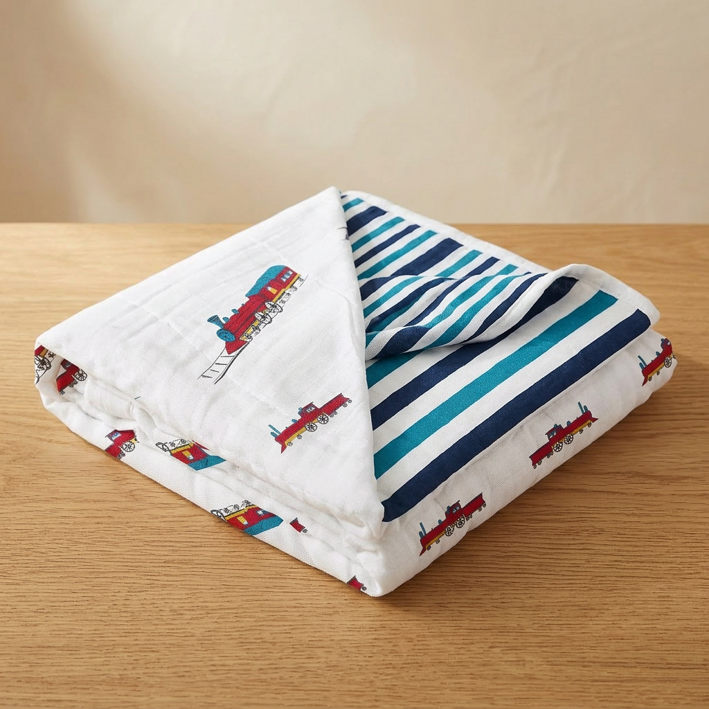 Vintage Steam Trains and Blue Stripe Bamboo Muslin Newcastle Blanket - Hero