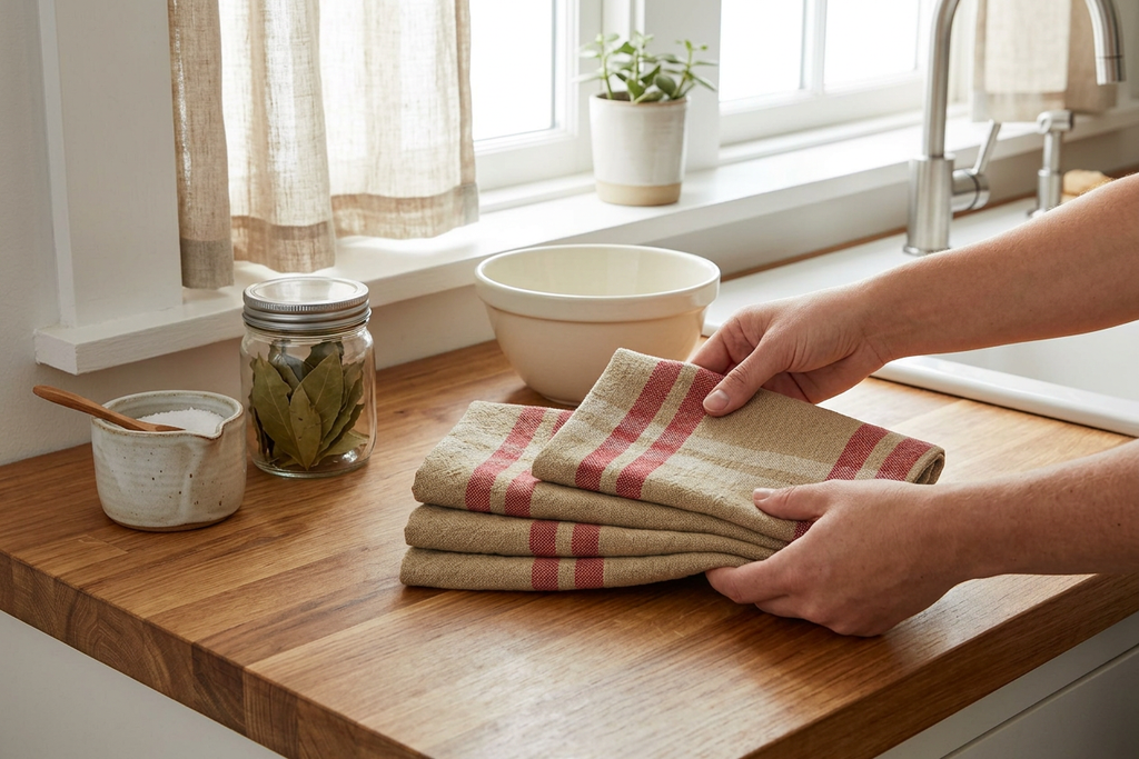 XD15012 Natural Linen Check Tea Towels,14"x22", Set of 4 - In-Use