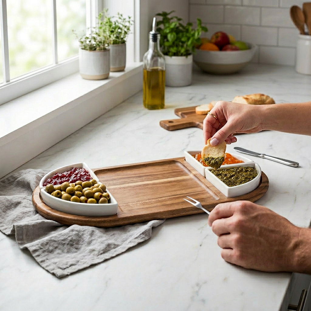 Charcuterie/ Serving Tray w/ 4 triangular ceramic bowls - In-Use