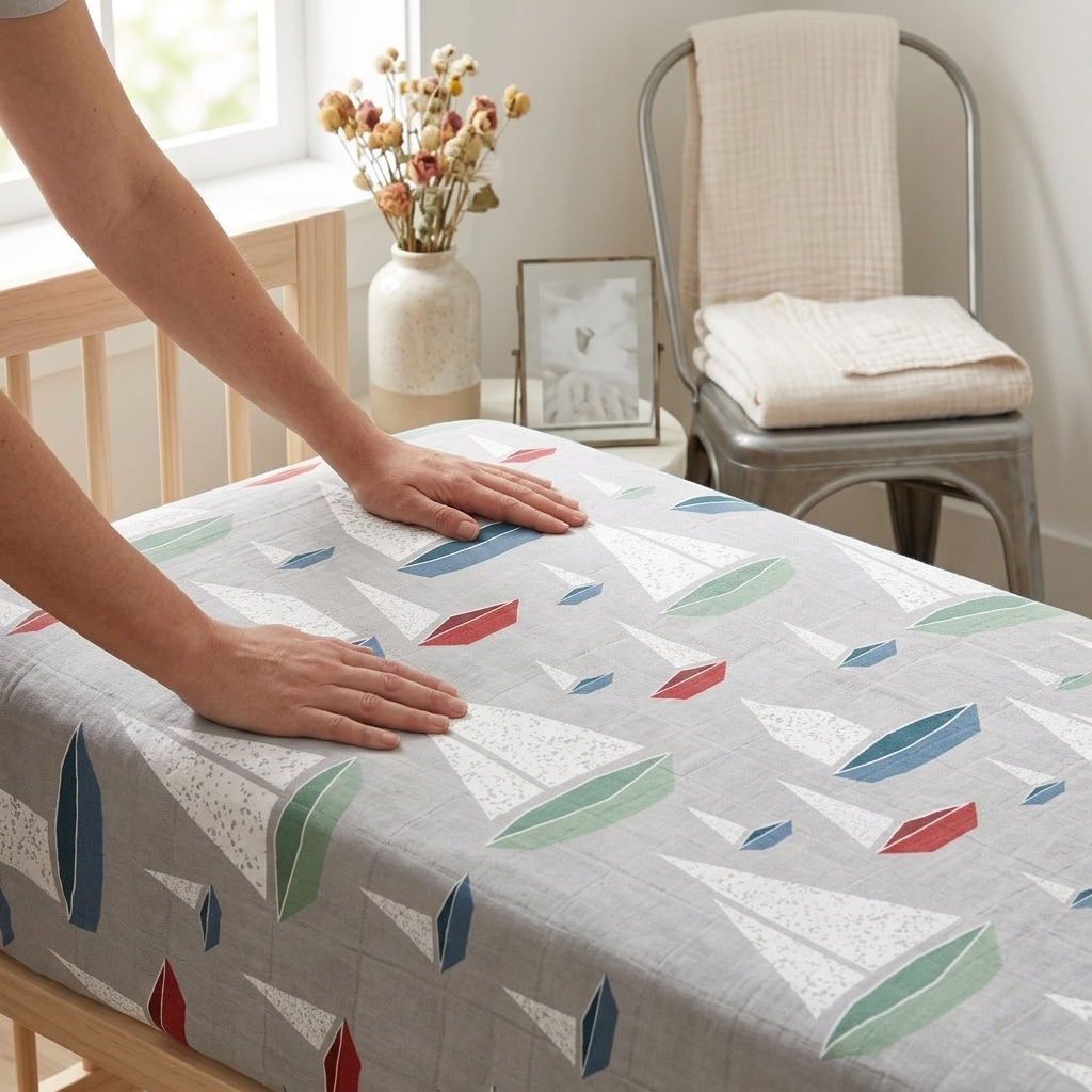 Marina Sailboats Bamboo Muslin Crib Sheet - In-Use