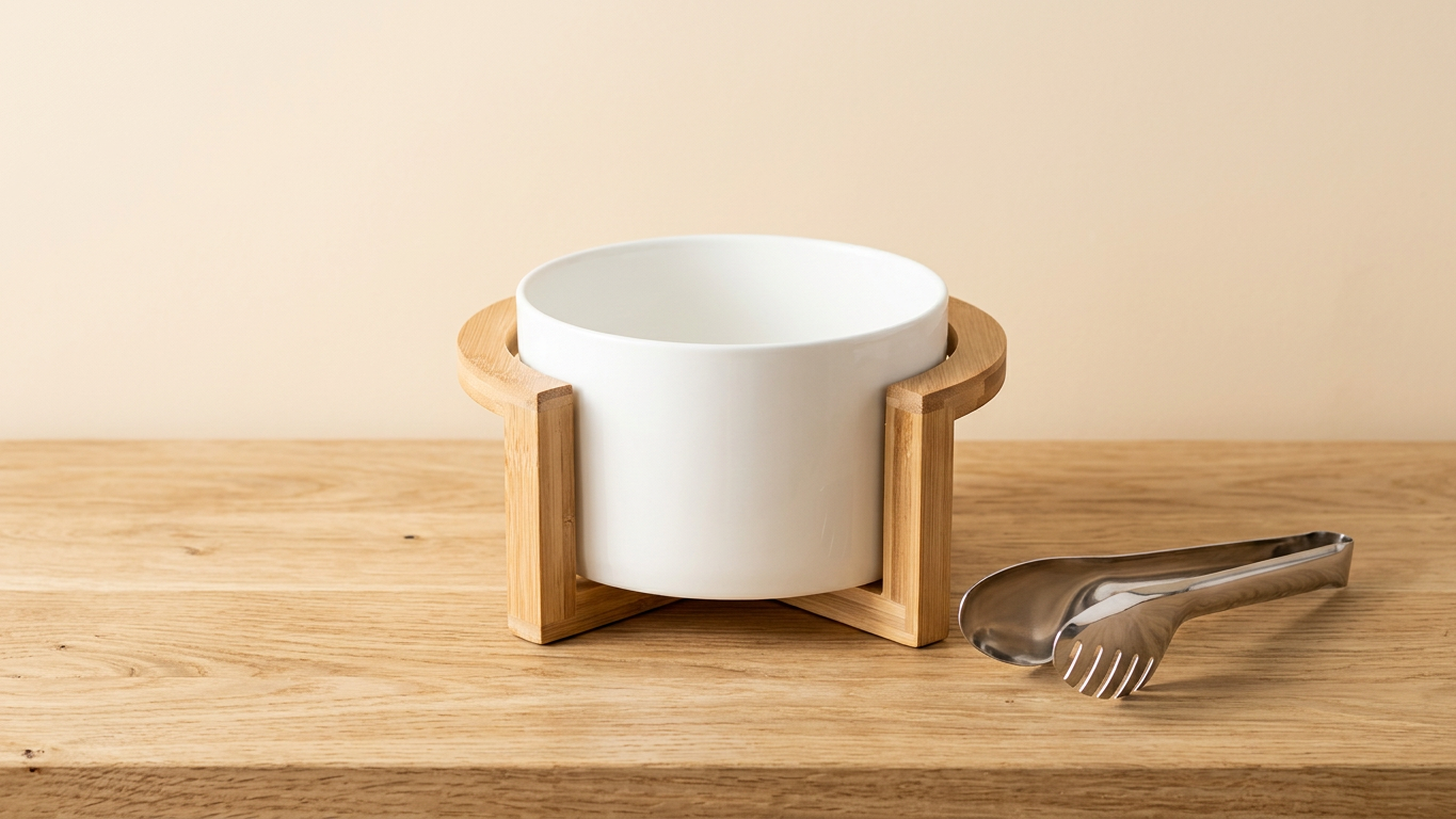 Medium Salad Bowl Set With Serving Tongs And A Bamboo Stand - Hero