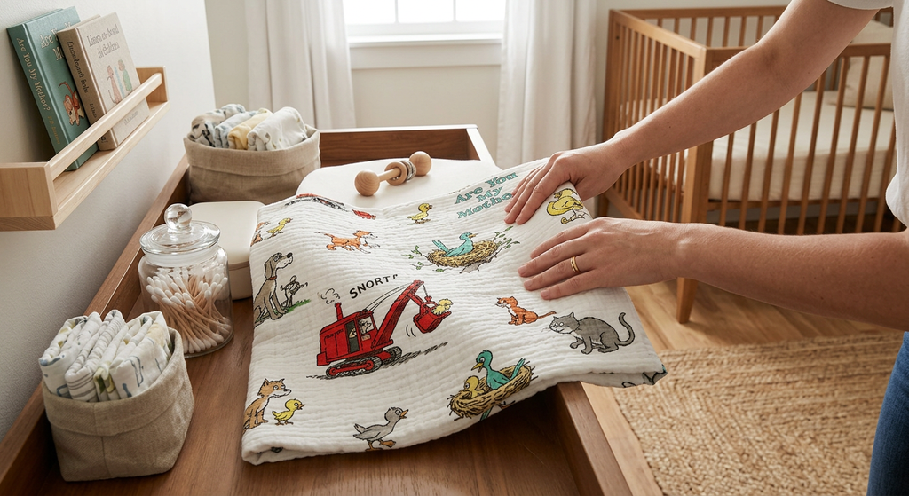 Are You My Mother? Bamboo Muslin Newcastle Blanket - In-Use