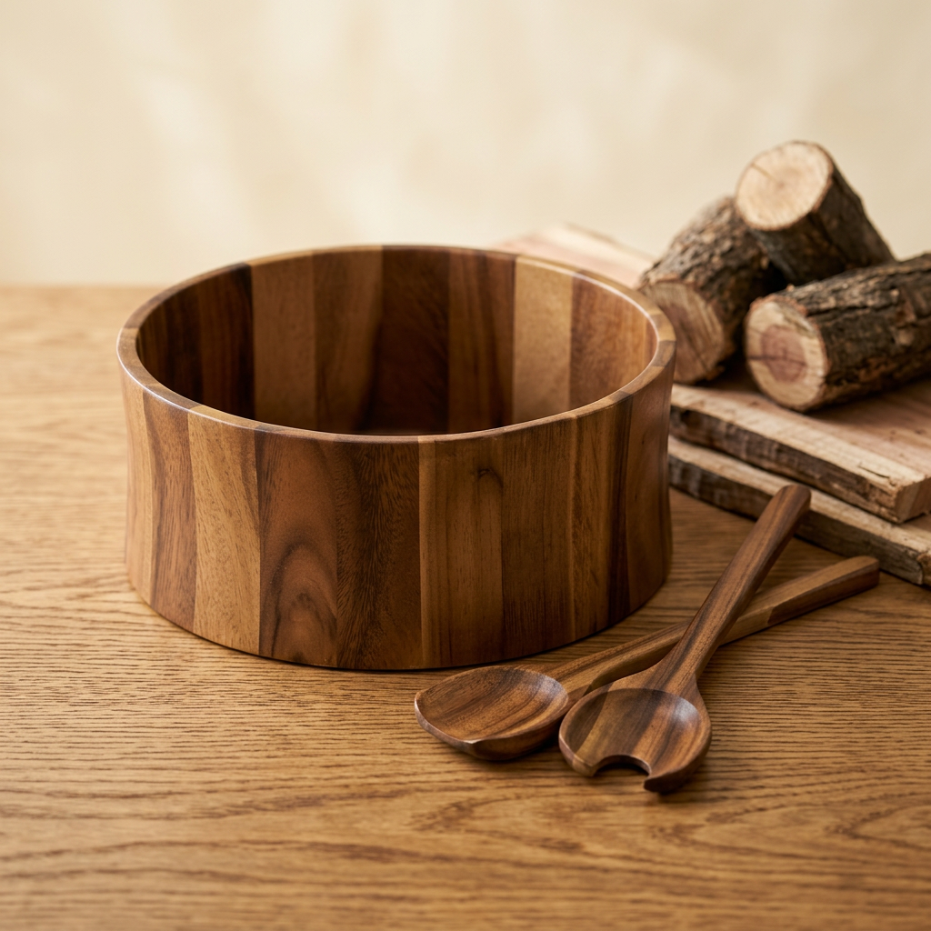 Acacia Wood Salad Bowl with Servers   12" x 5" - Material Story