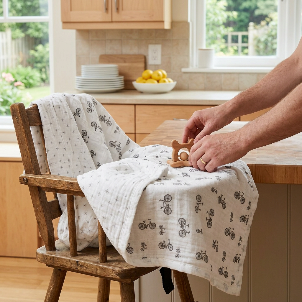 Vintage Bicycle and Northern Star Bamboo Muslin Newcastle Blanket - In-Use