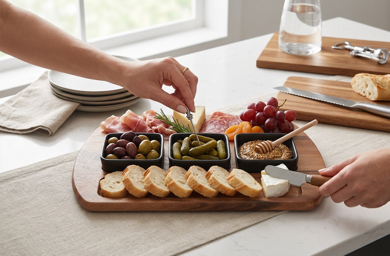 Charcuterie/ Serving Tray w/ 3 black square ceramic bowls   9" x 18" - In-Use
