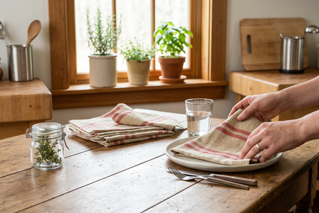 XD15012 Natural Linen Check Napkins,20"x20", Set of 4 - In-Use
