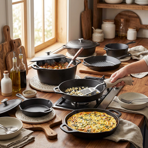 12-Piece Cast Iron Cookware set with Dutch Oven Frying Pan Skillet and - In-Use