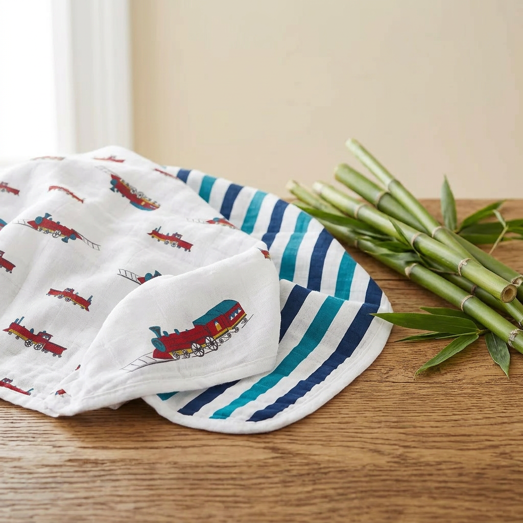 Vintage Steam Trains and Blue Stripe Bamboo Muslin Newcastle Blanket - Material Story