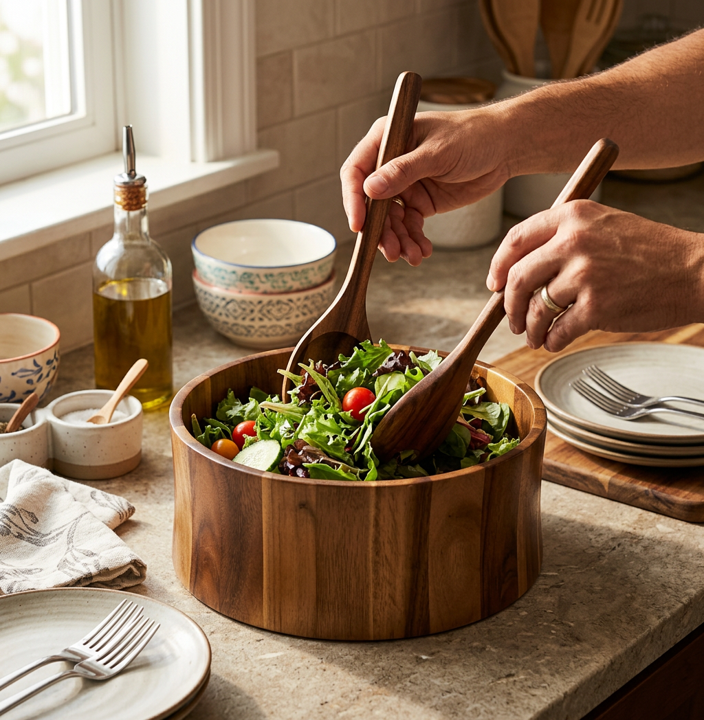 Acacia Wood Salad Bowl with Servers   12" x 5" - In-Use