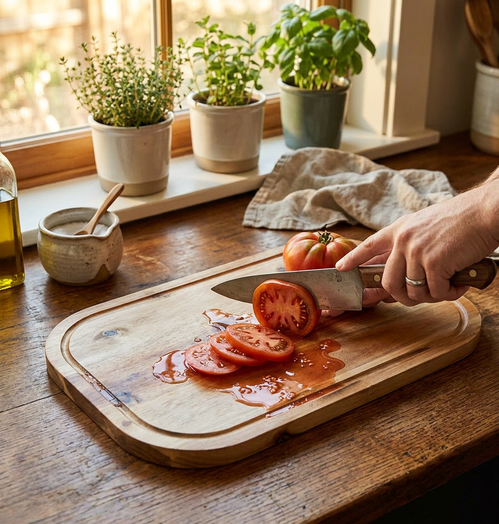 Zavis Green Acacia Wood Serving Rounded Cutting Board With Juice - In-Use