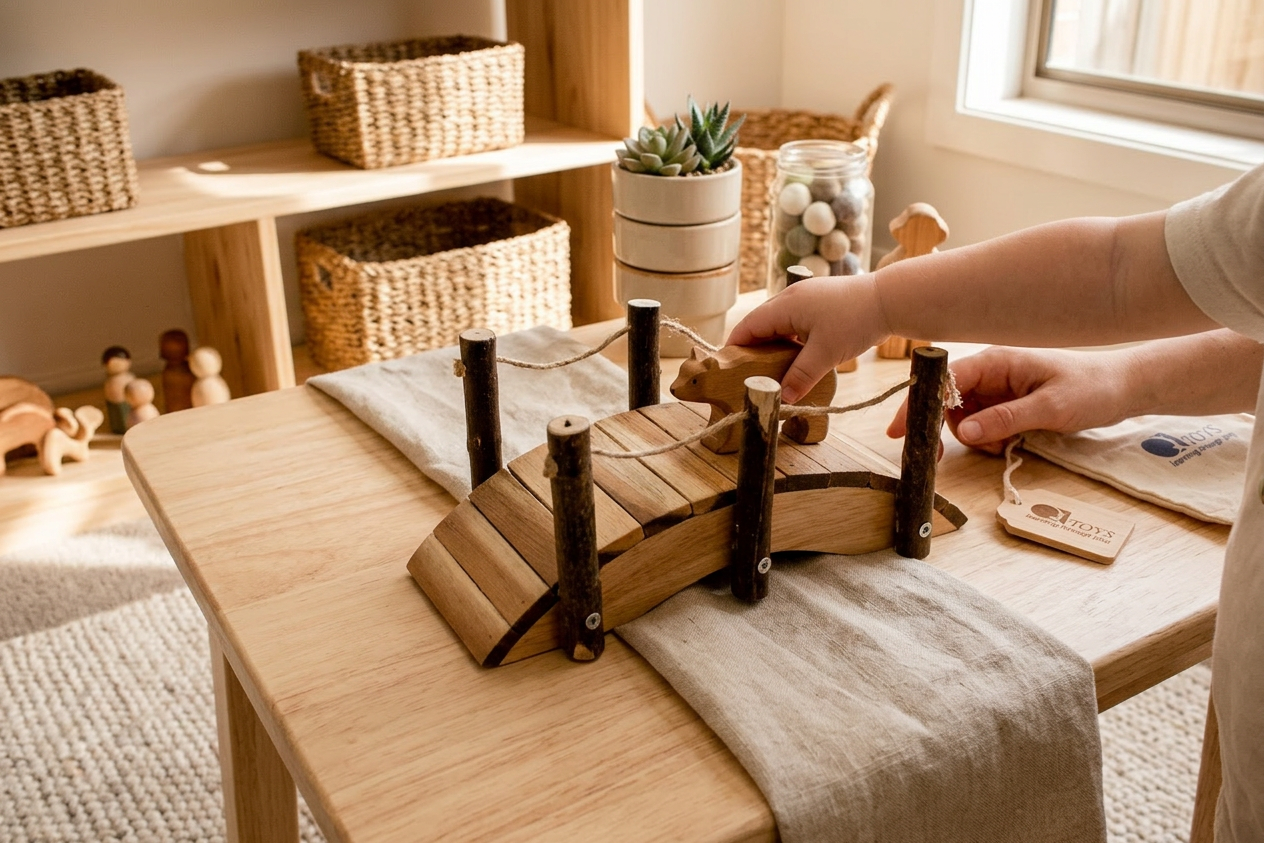 QToys Australia (USA) Natural Wooden Bridge - In-Use