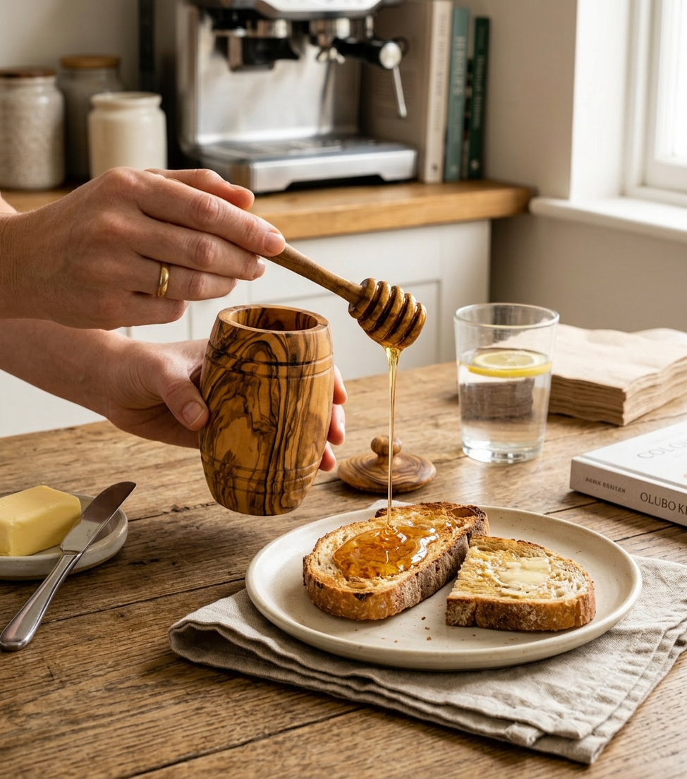 Olive Wood Honey Pot w/Honey Dipper - In-Use