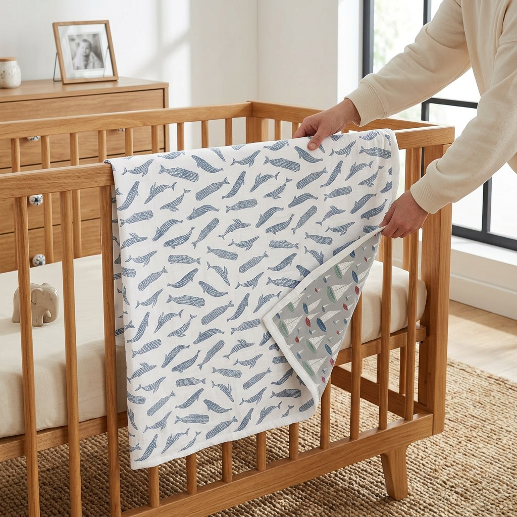 Blue Shadow Whales and Marina Sailboats Bamboo Newcastle Blanket - In-Use