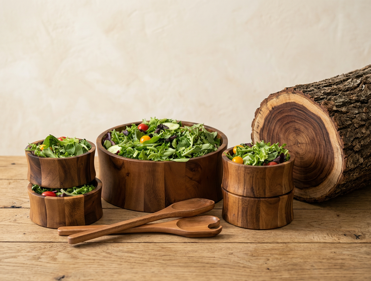 7 Piece -  Extra Large Salad Bowl with Servers and 4 Individuals - Material Story