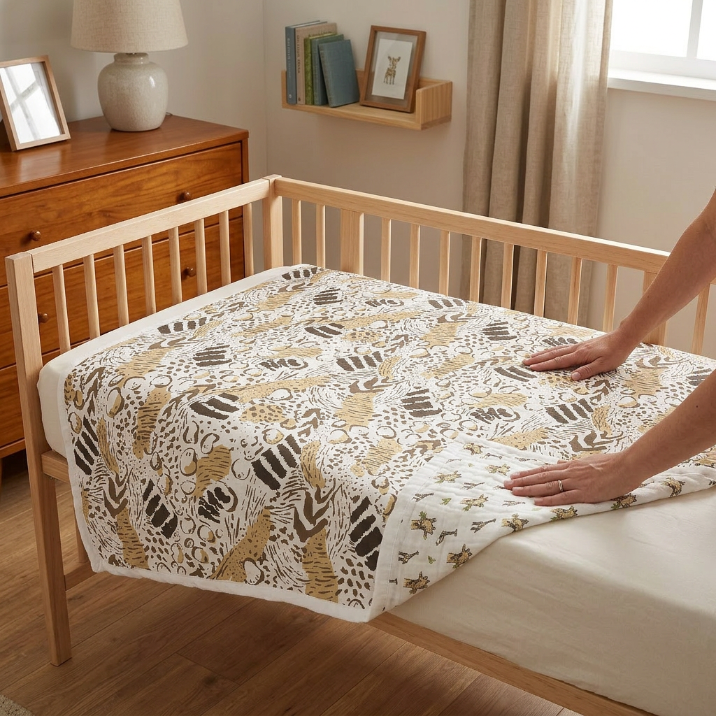 Hungry Giraffe and Animal Print Bamboo Muslin Newcastle Blanket - In-Use