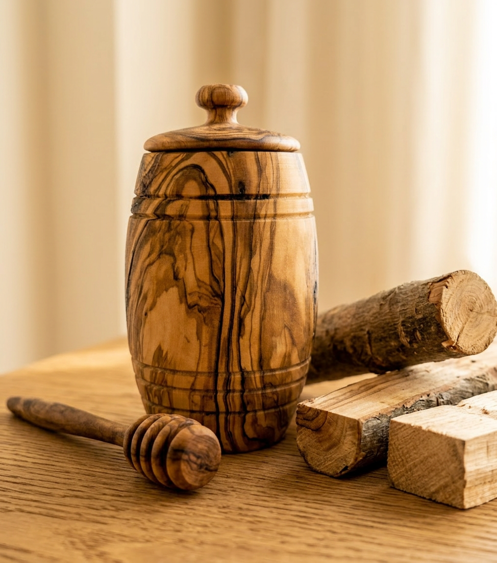 Olive Wood Honey Pot w/Honey Dipper - Material Story