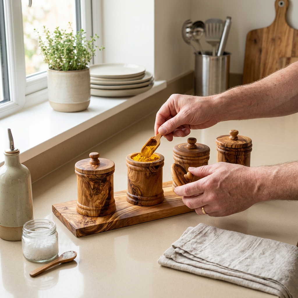Olive Wood Canister Set - In-Use