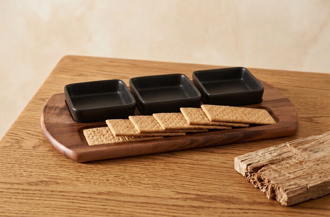 Charcuterie/ Serving Tray w/ 3 black square ceramic bowls   9" x 18" - Material Story