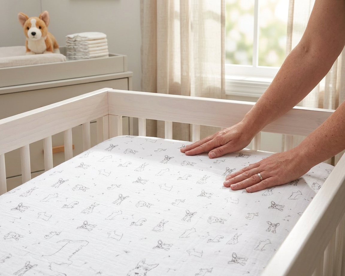 Corgi Bamboo Muslin Crib Sheet - In-Use
