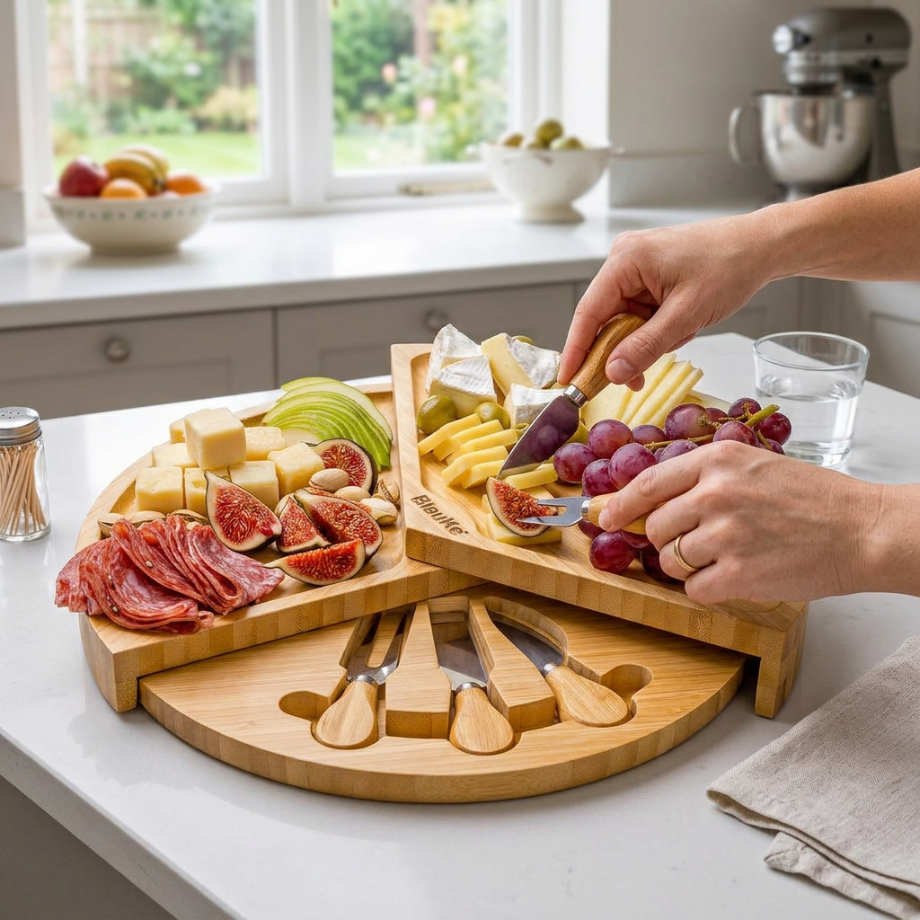 Bamboo Cheese Board and Knife Set - 14 Inch Swiveling Charcuterie - In-Use