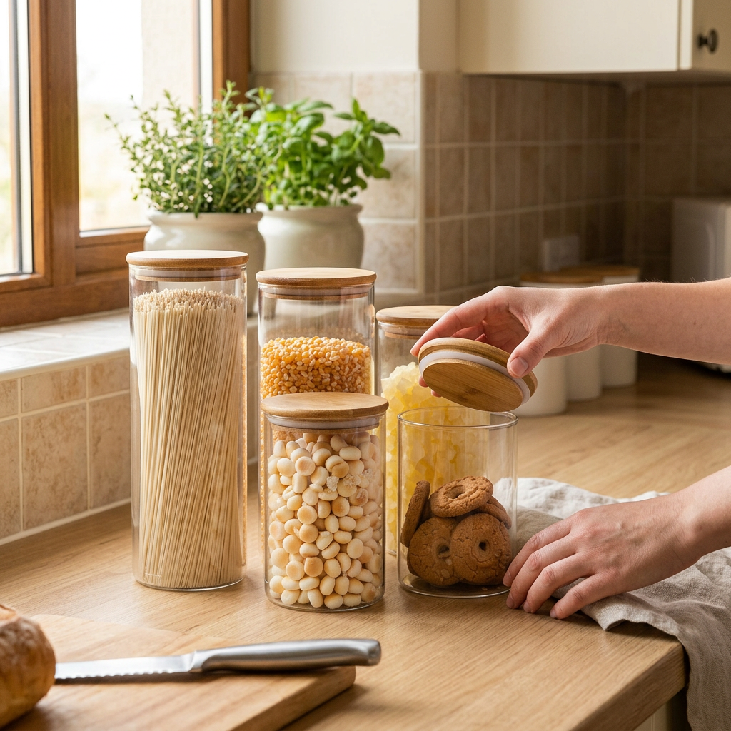 Glass Food Storage Containers, Food Jars with Bamboo Wooden Lids - Set - In-Use