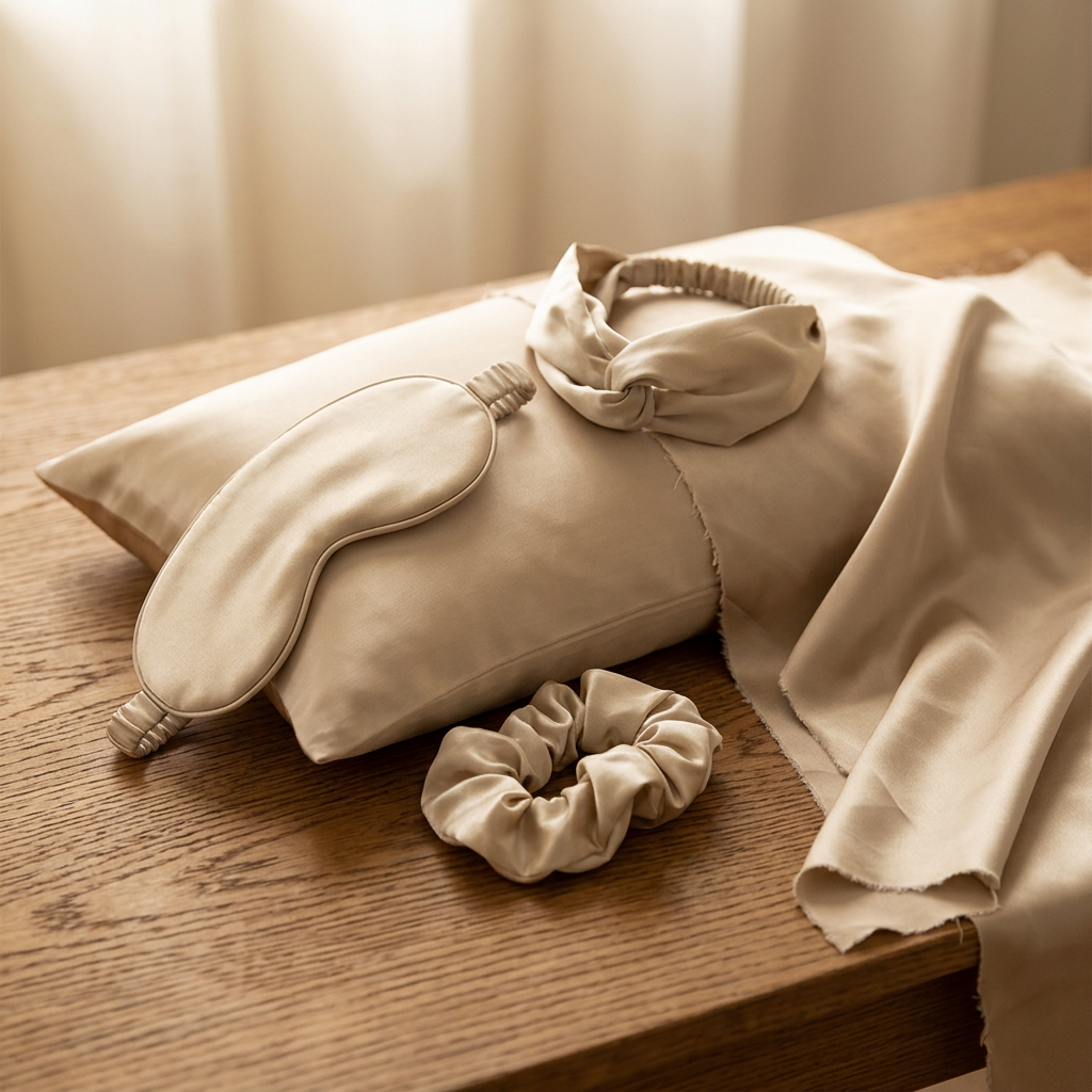 Double-sided Silk Eye Mask Pillowcase Hair Tie Four-piece Set - Material Story