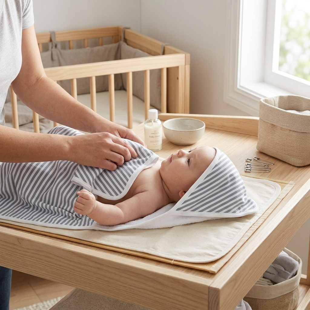 Finley Stripe Bamboo Hooded Towel and Washcloth Set - In-Use