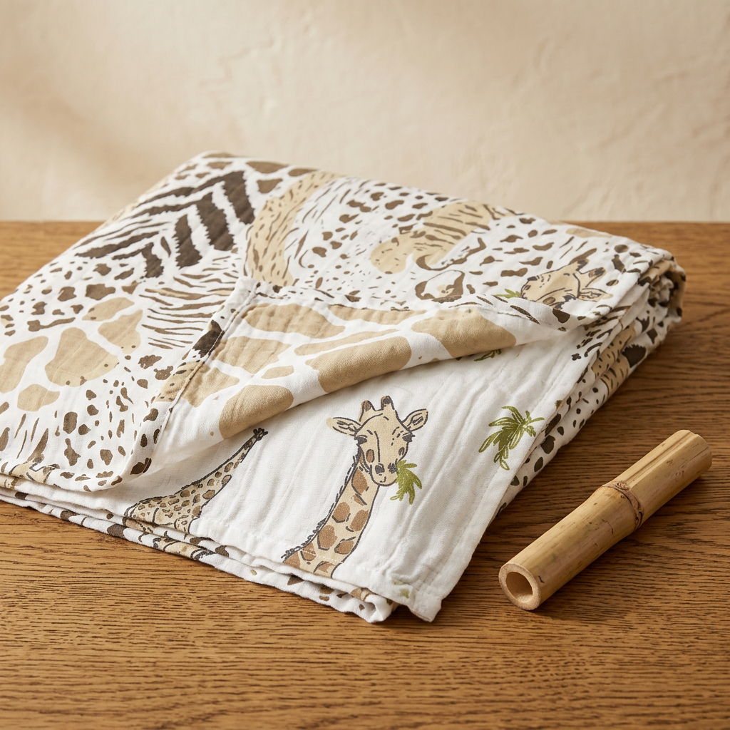 Hungry Giraffe and Animal Print Bamboo Muslin Newcastle Blanket - Material Story