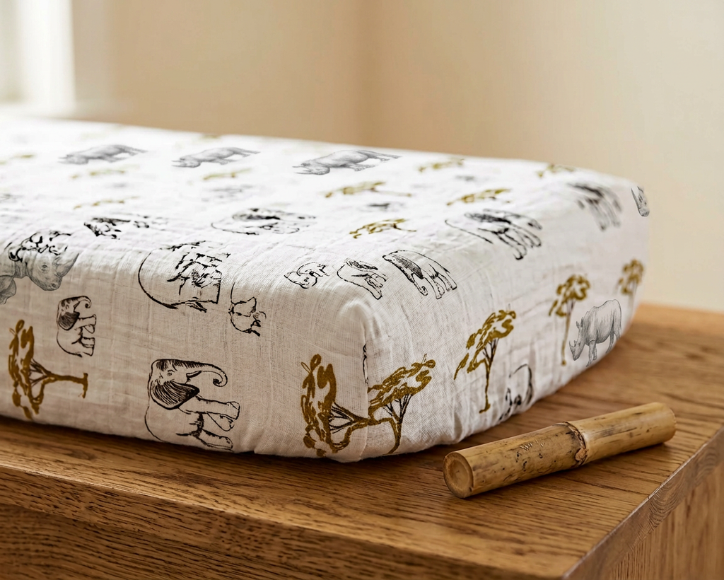 Rhinos and Elephants Bamboo Muslin Crib Sheet - Material Story