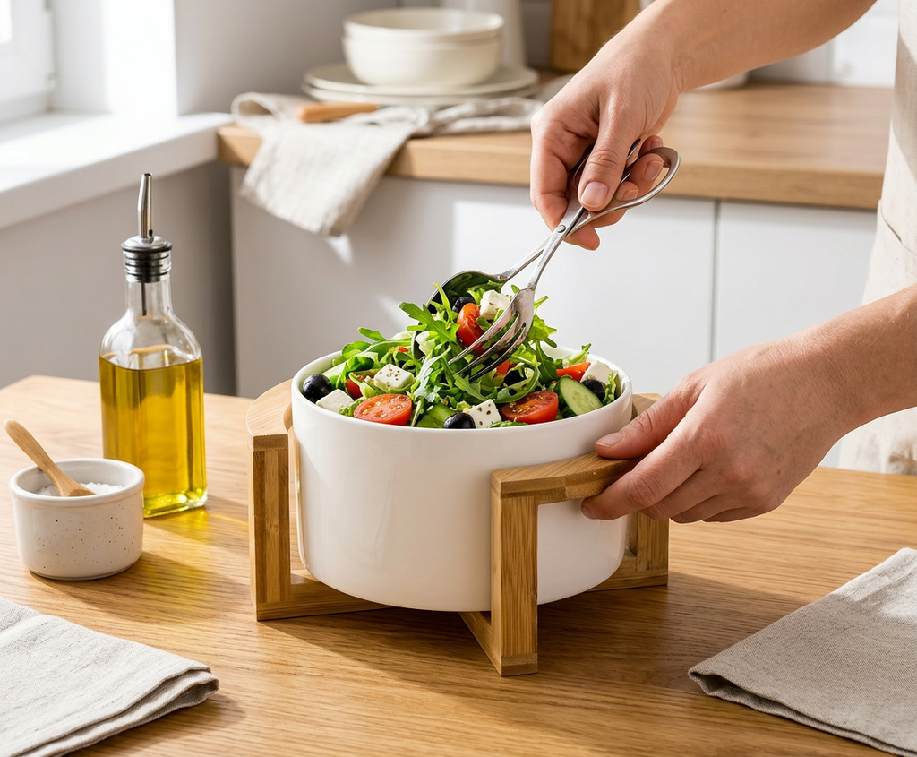 Medium Salad Bowl Set With Serving Tongs And A Bamboo Stand - In-Use