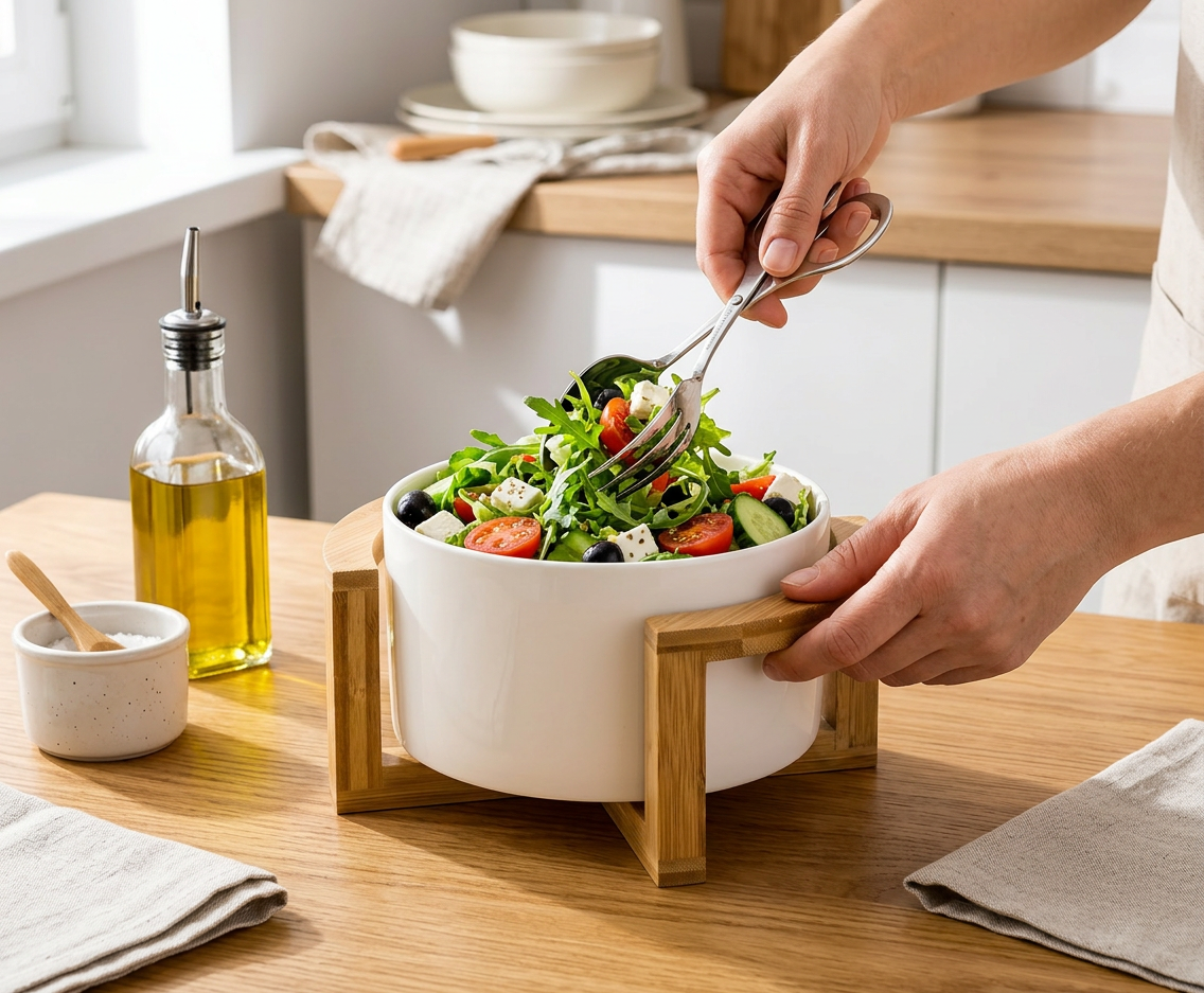 Medium Salad Bowl Set With Serving Tongs And A Bamboo Stand - In-Use