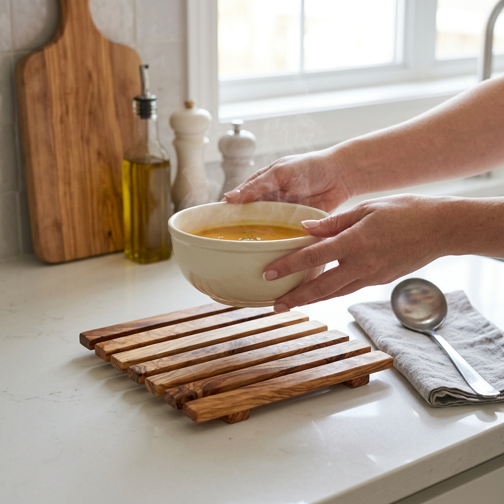 Olive Wood Pan Coaster Trivet - In-Use