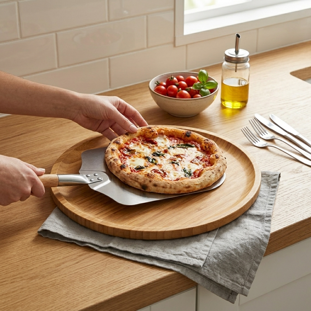 Bamboo Round Platter 13" inch | For pizza / Barbecue / Steak - In-Use