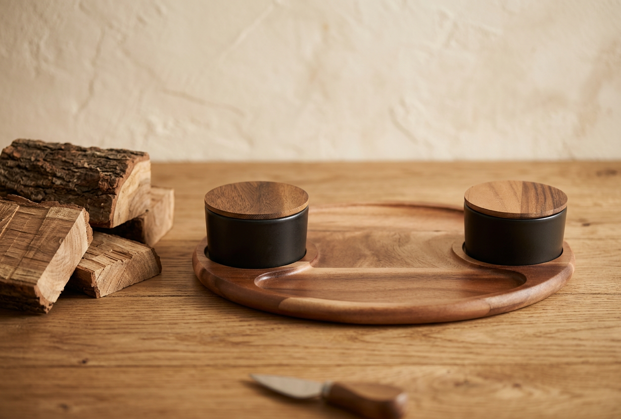 Charcuterie/ Serving Tray w/ 2 black ceramic bowls w/ lids  12" x 15" - Material Story