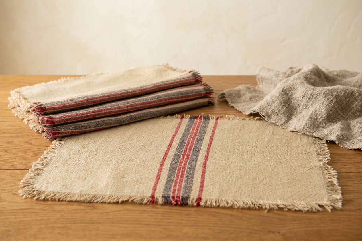 XD15008 Natural Linen Stripe Placemats, 14"x20", Set of 4 - Material Story