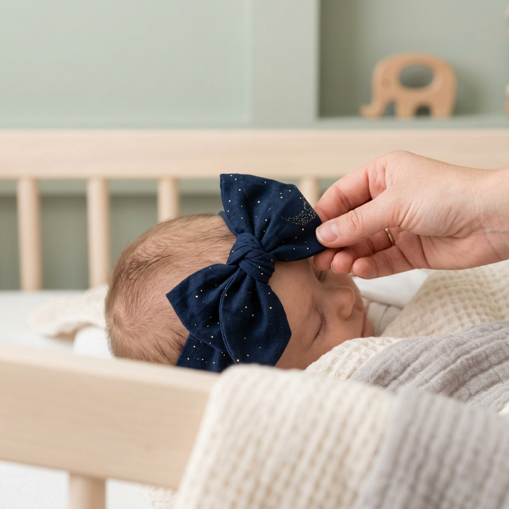 Midnight Moon Bamboo Baby Headband - In-Use