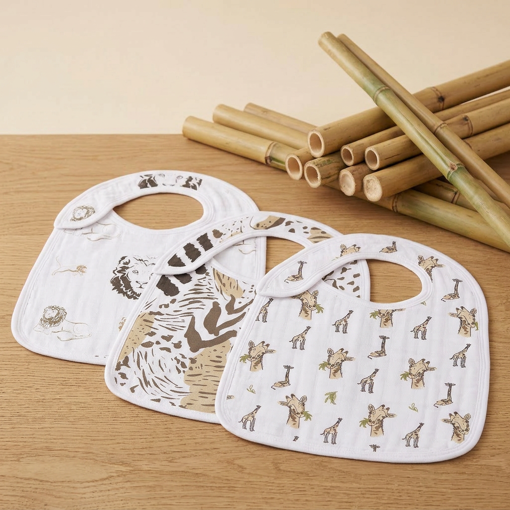 On The Savannah Bamboo Muslin Snap Bibs 3PK - Material Story