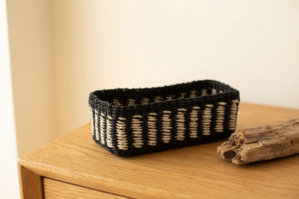 Seagrass Storage Woven Tray | Black + White band - Material Story