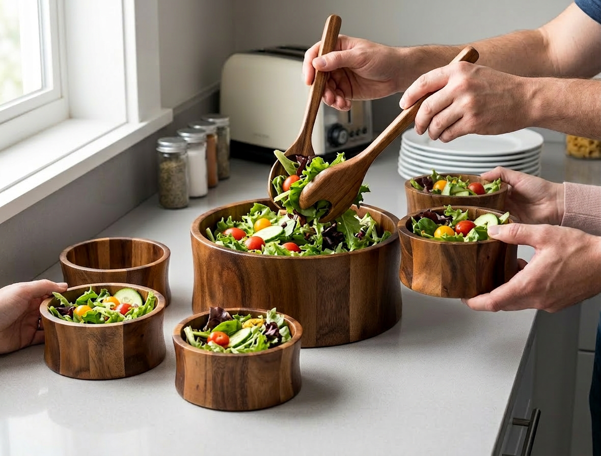 7 Piece -  Extra Large Salad Bowl with Servers and 4 Individuals - In-Use